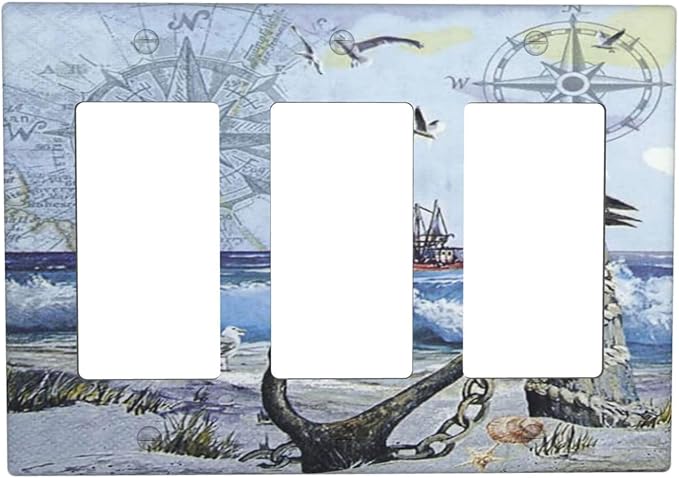 Light Switch Cover Sea Ocean Sand Coast Compass Ship Lighthouse Anchor 3 Gang Wall Plate Triple Light Switch Plate Rocker GFCI Outlet Covers Decorative Receptacle Cover for Bathroom Decor