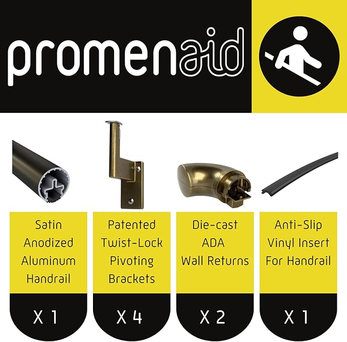 Promenaid 8ft ADA Handrail Kit - Architectural Bronze - Complete Indoor/Outdoor Handrail for Stairs - 1.6" Round Anodized Aluminum Railing with 4 Antique Brass Pivoting Brackets & ADA Wall Returns