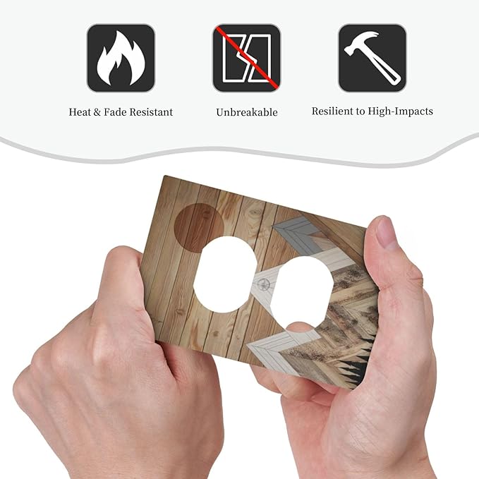 Wooden Planks Mosaic Snow Mountain Sun Outlet Covers 1 Gang Duplex Light Switch Cover Decorative Switch Plates Electrical Receptacle Faceplate Wall Plate for Farmhouse Home Decor