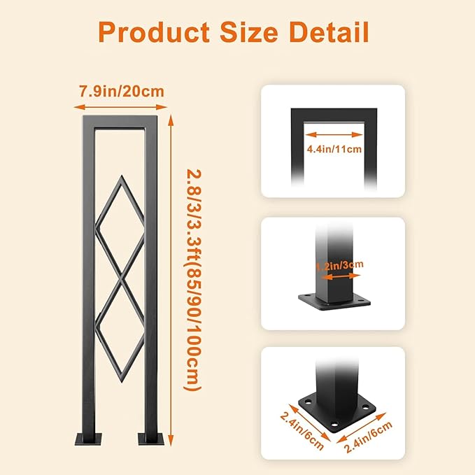 U-Shaped Stair Handrail, Black Wrought Iron Hand Rails Decorative Railing for Indoor Stairs, Porch Deck Loft Corridor Safety Non-Slip Support Poles, with Diamond Pattern (3.3FT/100CM)