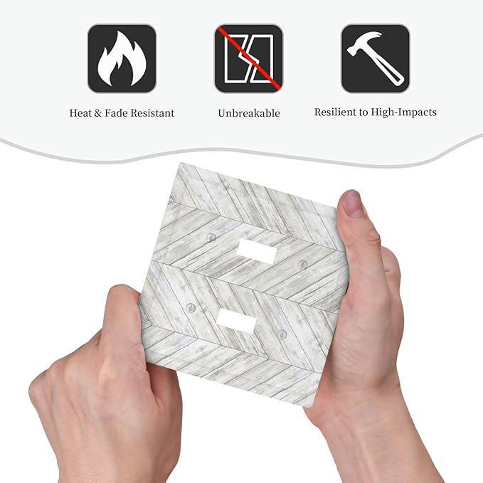Rustic White Gray Herringbone Wood Plank Double Toggle Light Switch Cover Decorative Vintage Country 2 Gang Wall Plate Electrical Faceplate Switchplate for Farmhouse Bedroom Living Room Decor