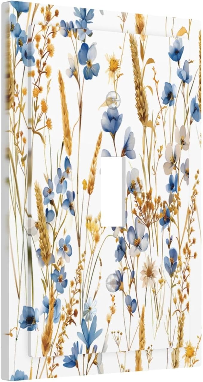 Vintage Wildflower Blue Gold Country Fall Wheat Floral Decorative Light Switch Cover 1 Gang Single Toggle Device Electrical Faceplate Switchplates Decorator Outlet Wall Plate for Bedroom Living Room