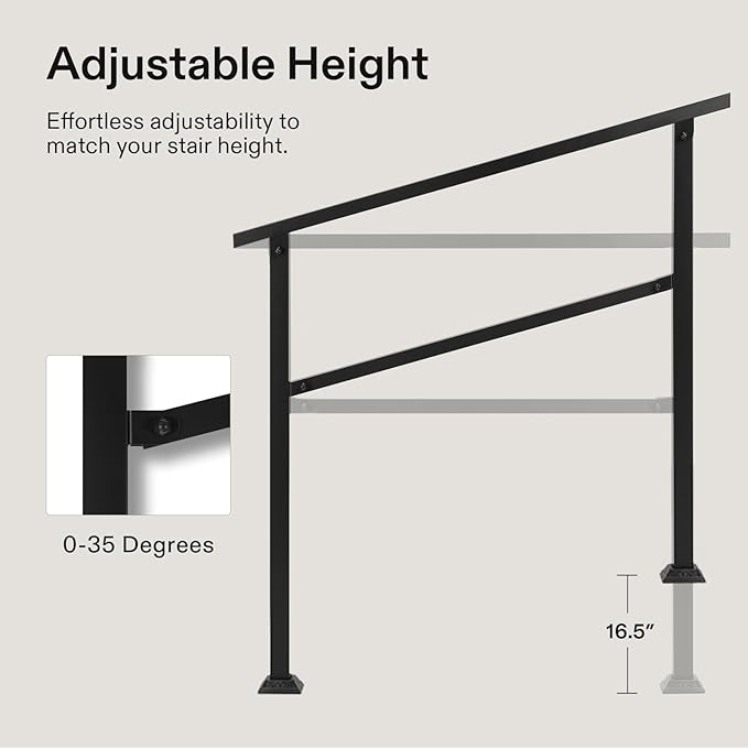 VIVOSUN 2-Pack Outdoor Handrail, 3 Step Stair Handrail, 40" x 36" Fits 1 to 3 Steps, Wrought Mattle Iron Handrail for Concrete Steps, Porch Steps, One-Step Assembly, 2 Packs, Black