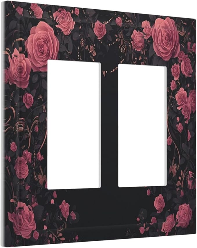 Decorative Outlet Covers Dark Background Red Rose Leaf 2 Gang Double GFCI Rocker Electrical Wall Panels Light Switch Cover Plate for Bedroom living Room Decor