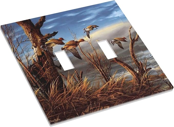 Hunting Flying Wild Ducks Double Toggle Light Switch Covers Decorative 2 Gang Wall Plate Covers Fall Lakeside Reed Wildlife Animal Mallard Dual Device Electrical Switchplate for Bathroom Decor