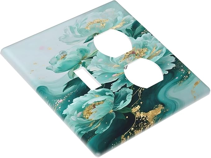 Decorative Outlet Covers Gold Green Floral Gilt Marble Flower 2 Gang Duplex Light Switch Cover Plate Gfci Wall Plate Plug Switch Plate Covers for Bathroom Decor