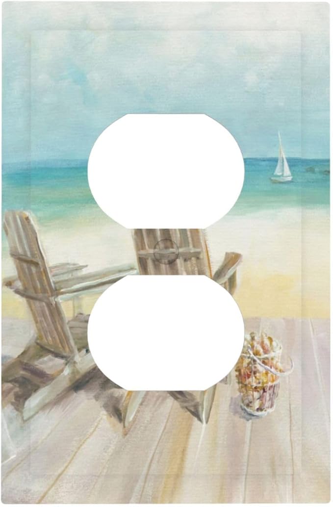 Outlet Covers Beach Chair Seascape Blue Ocean 1 Gang Duplex Light Switch Cover Plate Modern Coastal Decorative Wall Plates Electrical Switchplate Receptacle Cover for Bathroom Bedroom Decor