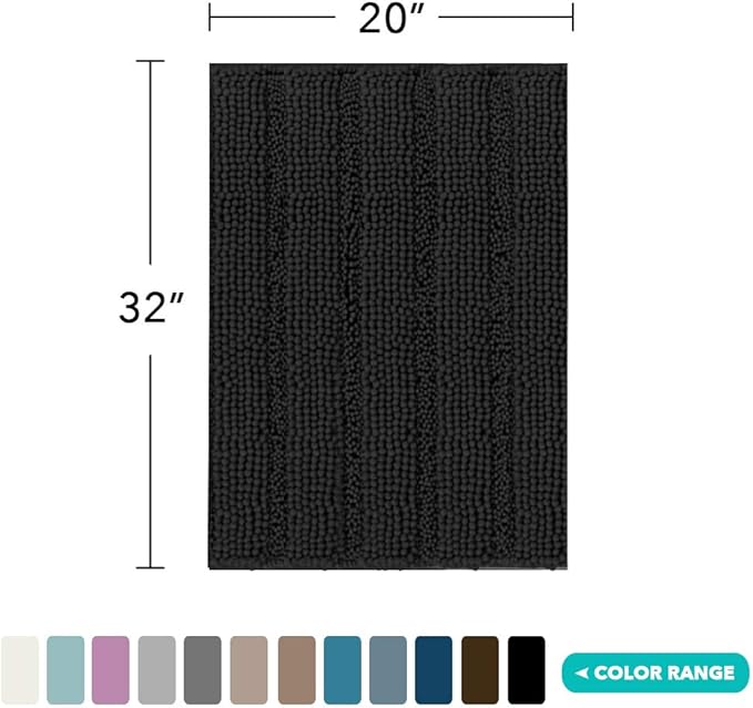 Turquoize Luxury Chenille Bath Rug for Bathroom Rugs Extra Absorbent Bath Mat Non Slip Microfiber Shower Rug for Bathroom Microfiber Shaggy Carpet Rug Size, 20"x 32", Black
