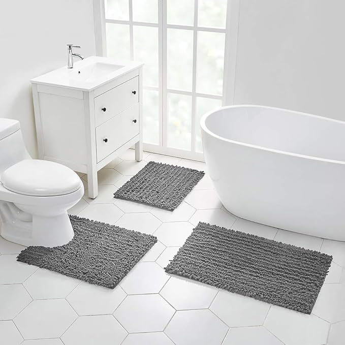 Walensee Large Bathroom Rug Non Slip Bath Mat (72x24 Inch Grey) Water Absorbent Super Soft Shaggy Chenille Machine Washable Dry Extra Thick Perfect Absorbant Best Plush Carpet for Shower Floor