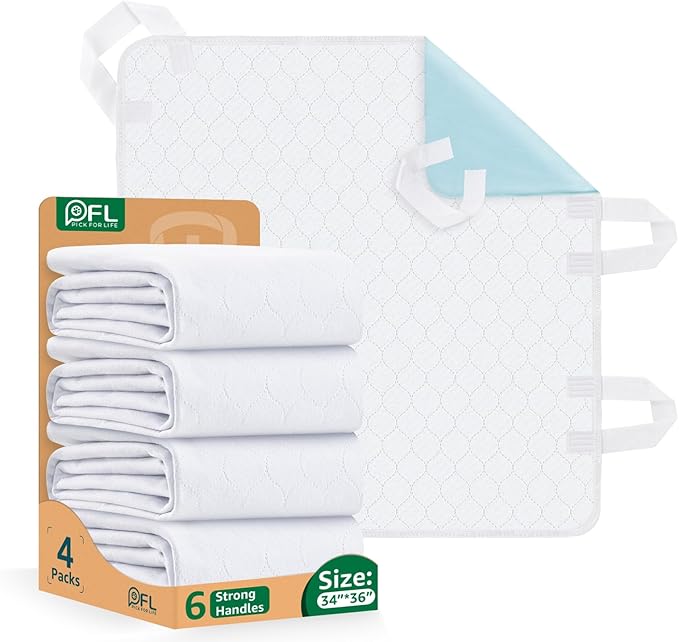 Incontinence Bed Pads Whasbable: 4 Pcs Waterproof Bed Pads for Elderly with 6 Handles, Reusable Bed Underpads, Positioning Bed Pads for Incontinence Adult, Bedwet,Kids,Bedridden,Hospitals, 34x36 Inch