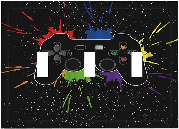 Classic Videogames Controller Black Splash Ink Colorful Decorative Switch Plates 3 Gang Wall Plate Triple Toggle Light Switch Cover Faceplate Electrical Wall Panels for Kids Room Nursery Decor