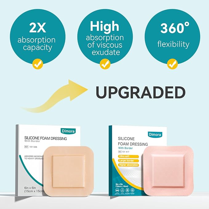 Dimora Utra Soft Silicone Foam Dressing 6"X6"(5 Count), Super Absorbent Large Bandage for Wound with Widened Border, Adhesive Foam Wdound Dressing for Bed Sores, Ulcer, Surgical Wound