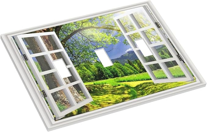 Light Switch Cover Window View Green Rustic Nature Wilderness 3 Gang Wall Plate Triple Light Switch Plate Toggle Decorative Outlet Covers Electrical Switchplate for Bathroom Bedroom Decor
