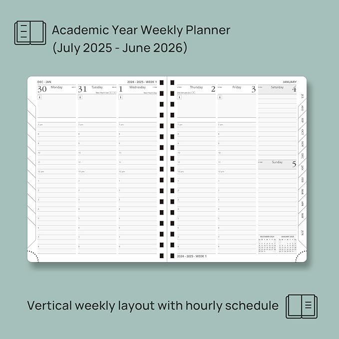 POPRUN Planner 2025-2026 (Medium - 6.5'' x 8.5'') Academic Weekly Calendar (July 2025 - June 2026) with Hourly Time Slots, Monthly Tabs, 100GSM Thick Papers, Spiral Leather Cover - Pink