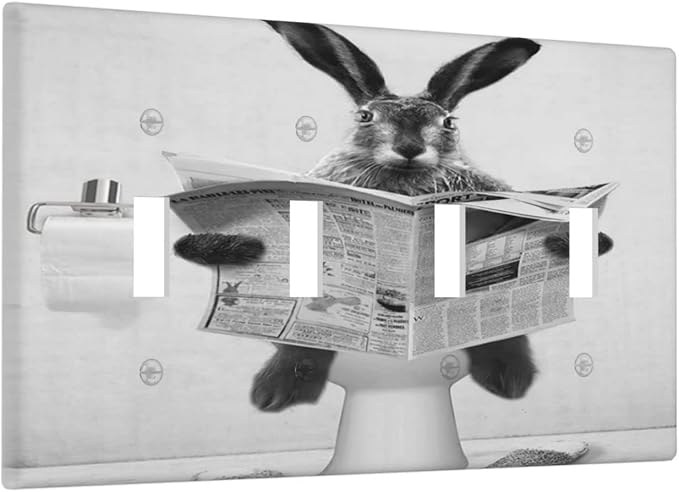 Funny Cute Grey Black Rabbit Reading Newspaper Quad Toggle Light Switch Covers Decorative 4 Gang Wall Plates Cover Rustic Vintage Western Animals Electrical Device Switchplates for Bathroom