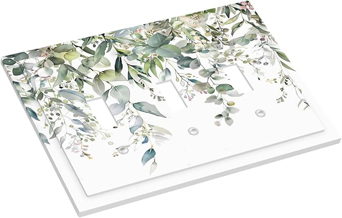 Sage Green Watercolor Eucalyptus Leaves Floral Flowers Decorative Switch Plates 3 Gang Wall Plate Triple Toggle Light Switch Cover Faceplate Electrical Wall Panels for Farmhouse Bed Room Decor