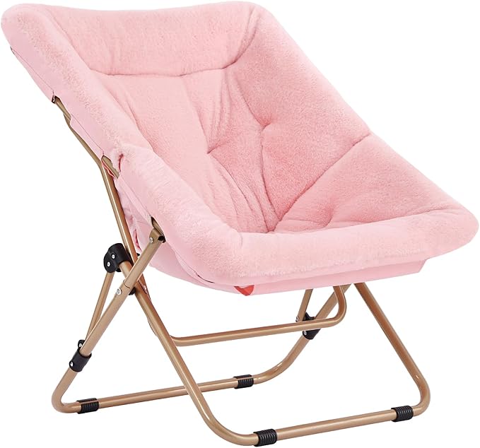 Tiita Comfy Folded Chair, Soft Faux Fur Oversized Folding Accent Chair, Lounge Lazy Chair for Kids Teens Adults, Metal Frame Moon Chair for Bedroom, Living Room, Dorm Rooms, X-Large Pink