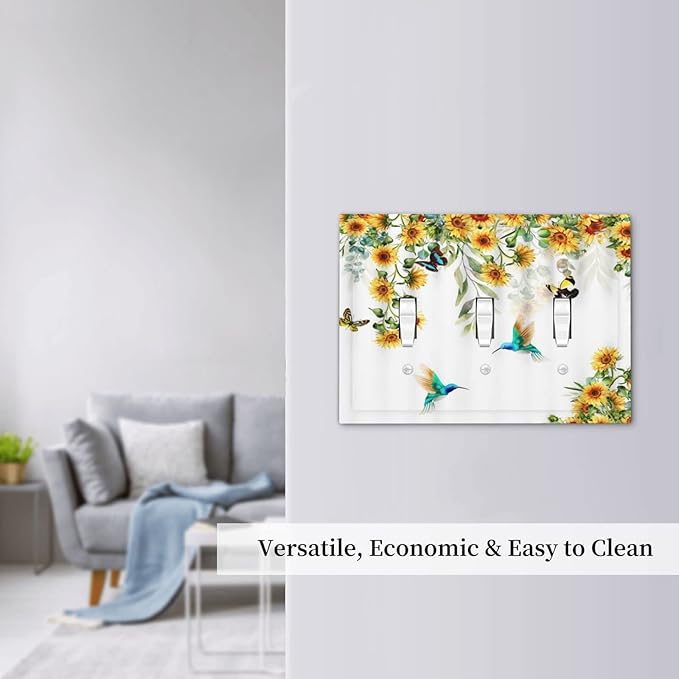 Yellow Sunflower Blue Hummingbird Butterfly 3 Gang Light Switch Covers Decorative Rustic Farmhouse Floral Plant Triple Toggle Wall Plate Cover 3 Hole Electrical Device Switchplate for Bathroom