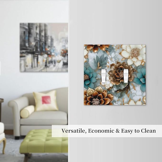 Vintage Marble Floral Gold/Green/White Metal Flowers Double Toggle Light Switch Covers Decorative 2 Gang Wall Plate Cover Dual Device Electrical Switchplate Dimmer Faceplate for Bathroom Decor