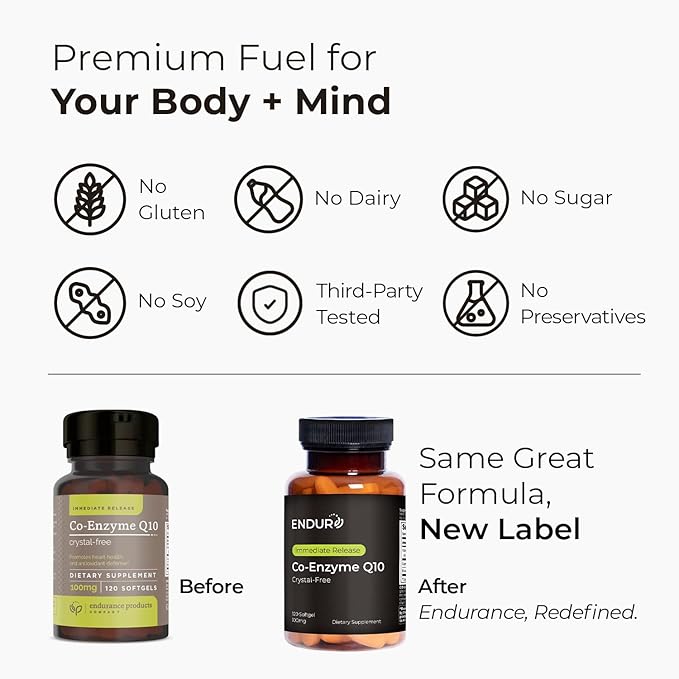 Endurance Products Endur Crystal-Free Co-Enzyme Q10, Heart & Antioxidant Defense Supplement, Helps Support Energy Production, Gluten Free, 100mg (120 Softgels)