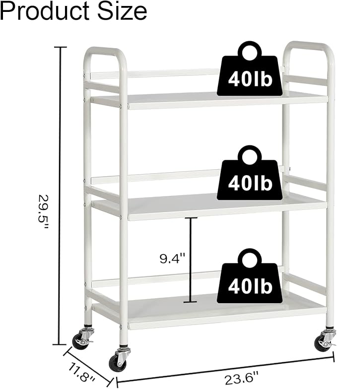 DCLRN 3 Tier Rolling Cart with Lockable Wheels Sturdy Construction,Solid Shelves,Recessed Screw Holes Ideal for Kitchen and Home Storage Size:23.6" Dx11.8 Wx29.5 H(White)