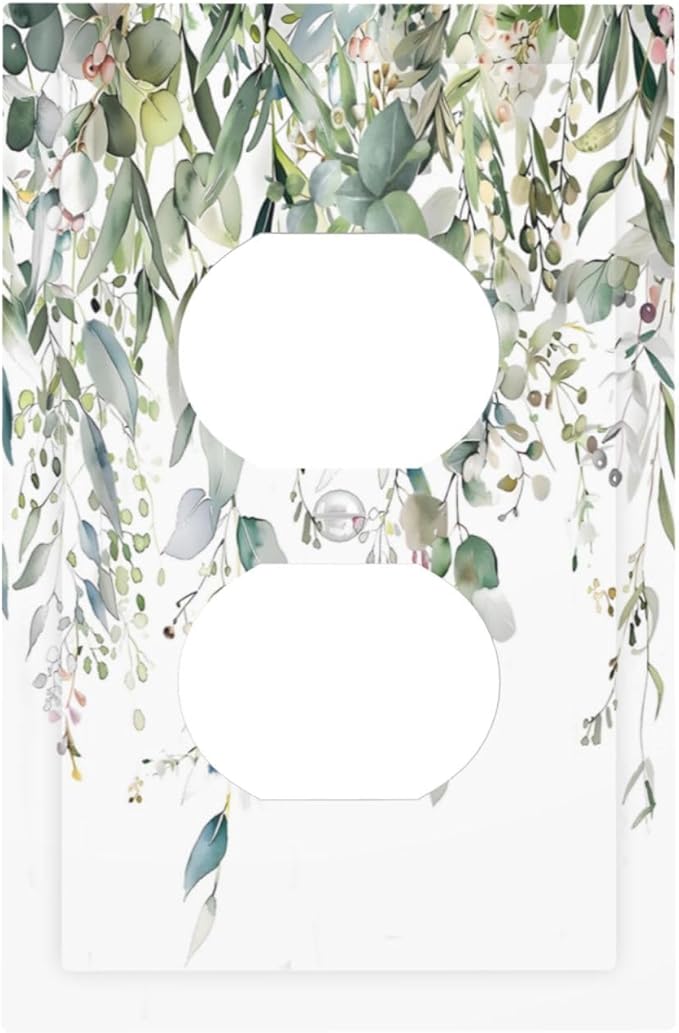 Sage Green Watercolor Eucalyptus Leaves Floral Flowers Outlet Covers 1 Gang Duplex Light Switch Cover Decorative Switch Plates Electrical Receptacle Faceplate Wall Plate for Farmhouse Bed Room Decor