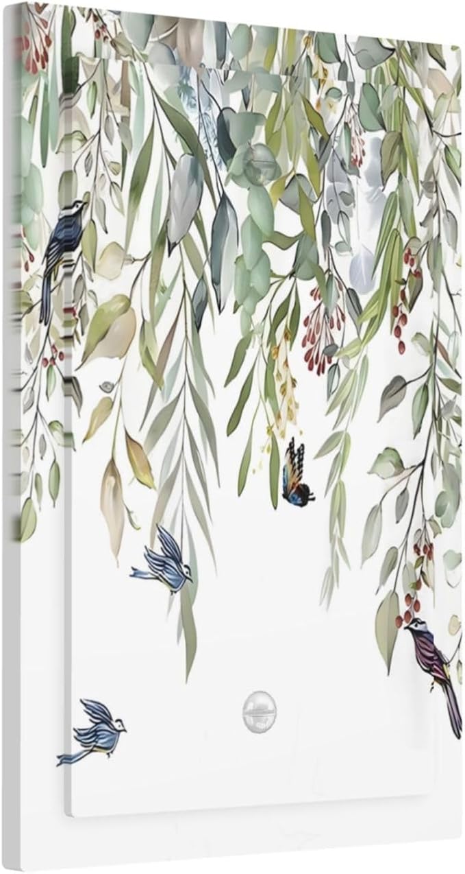 Green Leaf Eucalyptus Leaves Floral Bird Butterfly Light Switch Cover Plate 1 Gang No Device Blank Electrical Wall Plates Faceplate Decorative Switch Plate for Bed Room Living Room Decor