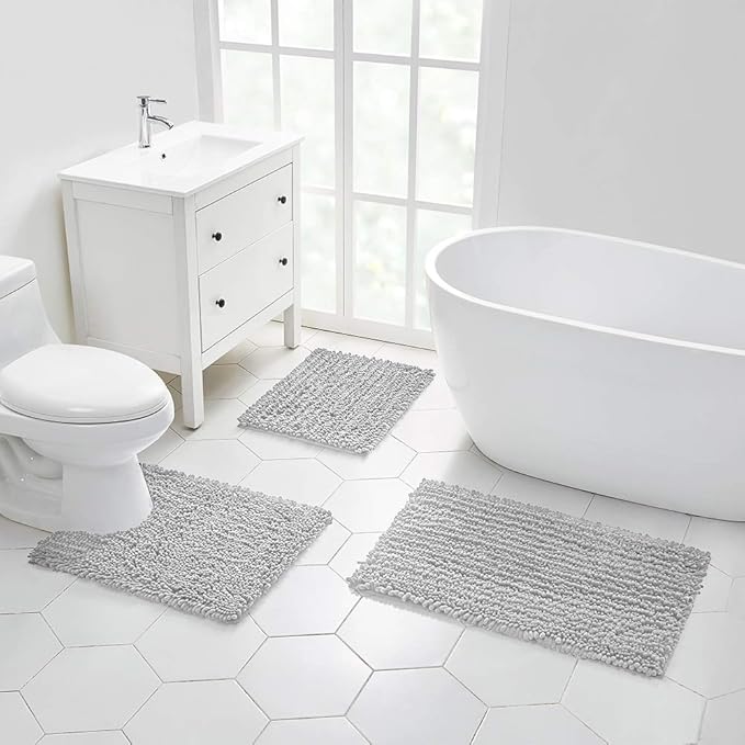 Walensee Large Bathroom Rug Non Slip Bath Mat (72x24 Inch Light Grey) Water Absorbent Super Soft Shaggy Chenille Machine Washable Dry Extra Thick Perfect Absorbant Best Plush Carpet for Shower Floor