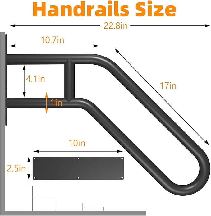 Hand Rails for Outdoor Steps Stair Railing Indoor Rail Metal Heavy Duty Non-Slip 1-3 Step Wall Mount Grab Bars U-Shape Safety Handle Garage Porch Courtyard Doorways (23")