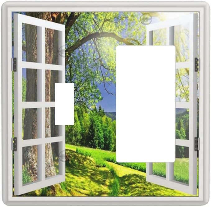 Light Switch Cover Window View Green Rustic Nature Wilderness 2 Gang Toggle Rocker Combo Wall Plates Decorative Switch Plates and Outlet Covers Receptacle Cover for Bathroom Bedroom Decor