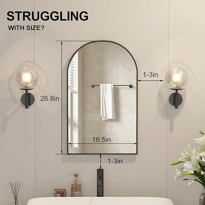 Recessed Medicine Cabinet Mirror for Bathroom,Black Arched Medicine Cabinet with Mirror,Arch Bathroom Mirror with Storage,Surface Mount Wall Cabinet,16x26 Mirrored Cabinets Wall Mounted