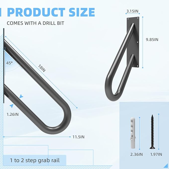 Handrails for Outdoor Steps Wall Mount, Railings for 1-2 Steps, U-Shaped Handrail with Matte Black Finished, Stair Handrails for Garage, Porch, Yard and Garden (18" Length, 1.25" Pipe)
