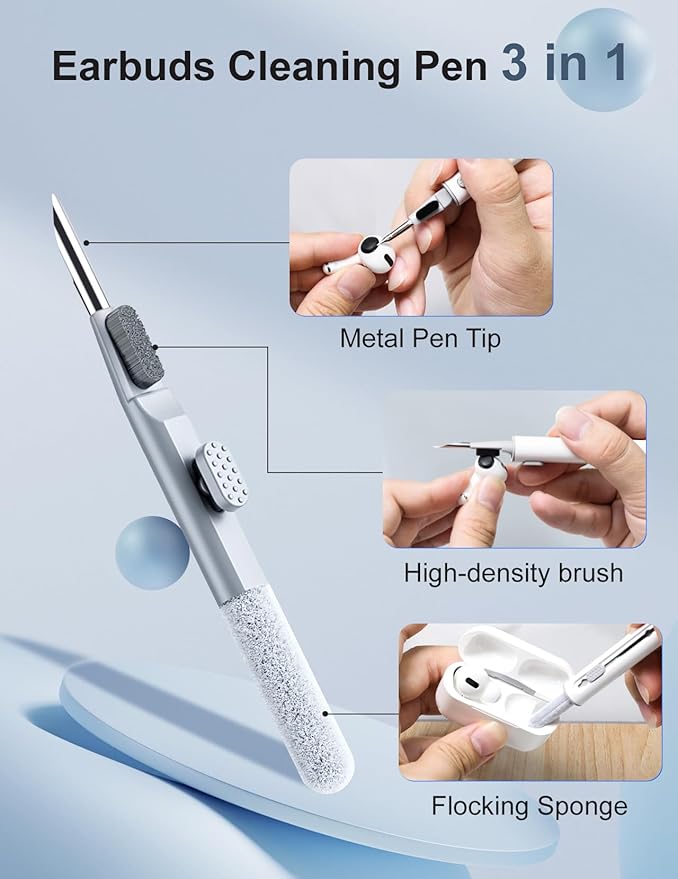 Cleaner Kit for Airpods, 2 Pack Earbuds Cleaning kit for Airpods Pro 1 2 3, Multi-Function Cleaning Pen with Soft Brush Flocking Sponge for Bluetooth Earbuds, iPhone 17,16,Laptop, Camera (Pure White)