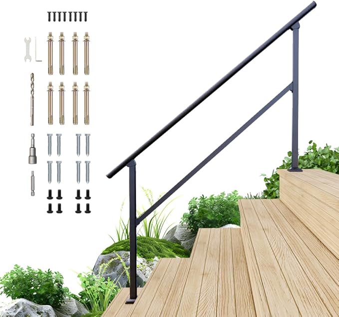 DIYHD 5 Step Handrail for Outdoor,Powder Coated Iron Stair Railing,Black Hand Rails for Indoor, Porch,Deck,1 Pack