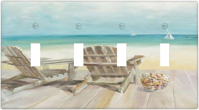 Light Switch Cover Beach Chair Seascape Blue Ocean 4 Gang Switch Plate Quad Toggle Wall Plates Modern Coastal Decorative Switchplate Electrical Outlet Cover Plates for Bathroom Bedroom Decor