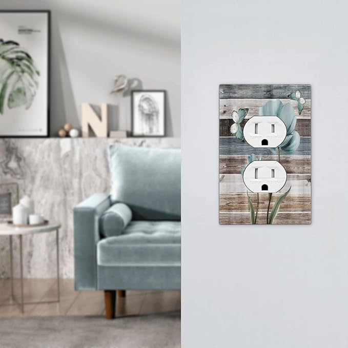 Rustic Vintage Teal Floral Barn Wood 1 Gang Duplex Outlet Covers Decorative Single Electrical Receptacle Wall Plate Turquoise Flower Butterfly Light Switch Cover Plate for Farmhouse Bathroom