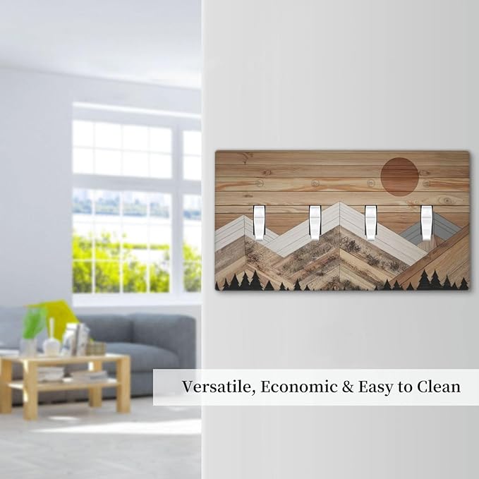 Wooden Planks Mosaic Snow Mountain Sun Light Switch Covers Quad Toggle Electrical Faceplate 4 Gang Wall Plate Decorative Switch Plates for Farmhouse Home Decor