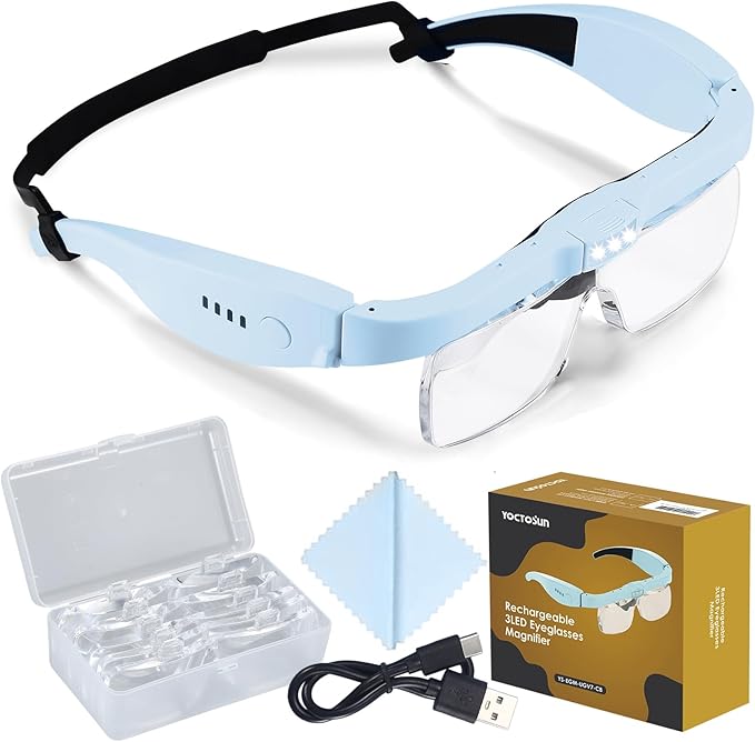 YOCTOSUN Magnifying Glass with Light, Magnifying Glasses with 5 Lenses 0.75X-4.0X and 3 LED Lights, Rechargeable Magnifier Headset, Hands Free Head Magnifying Glass for Close Work Hobby Crafts Jewelry