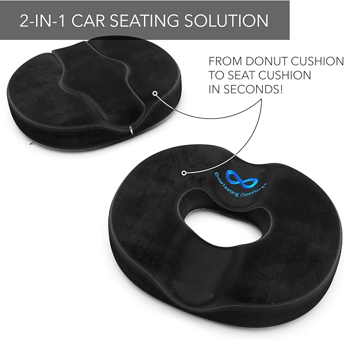Everlasting Comfort Donut Pillow for Tailbone Pain Relief Ergonomic Seat Cushion - Hemorrhoid Pillow for Sitting- Ideal Memory Foam Coccyx Chair Cushion for Postpartum Pregnancy, Anti-Slip, Washable