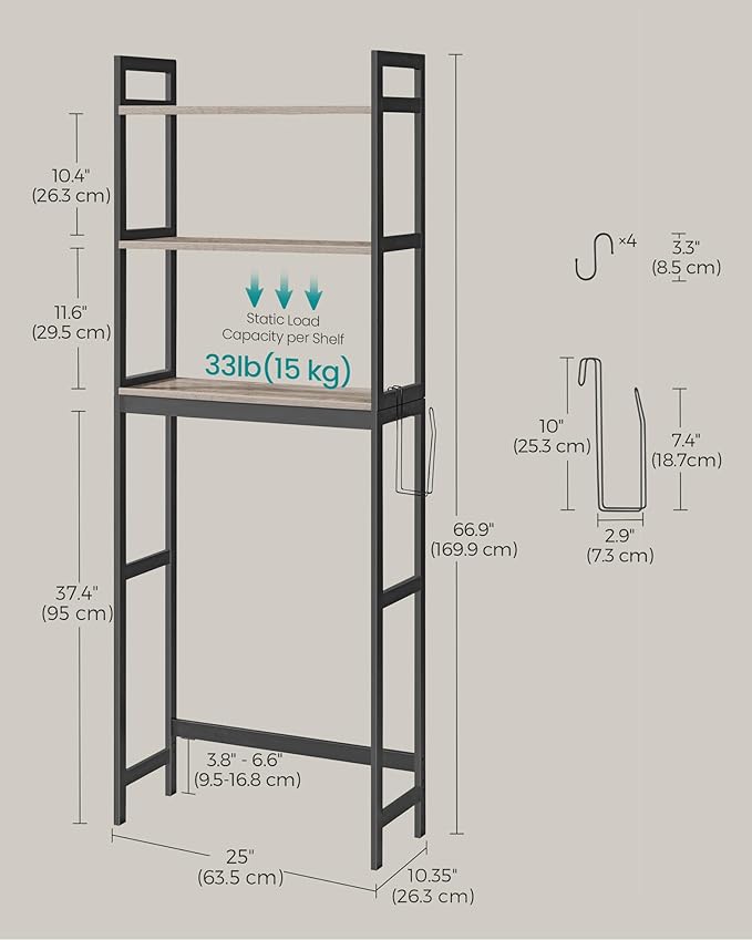 SONGMICS Over-The-Toilet Storage, 3-Tier Bathroom Organizer Over Toilet with Adjustable Shelves, Hooks, Bamboo, Freestanding Space Saver Bathroom Shelves, Heather Greige and Ink Black UBTS012W01