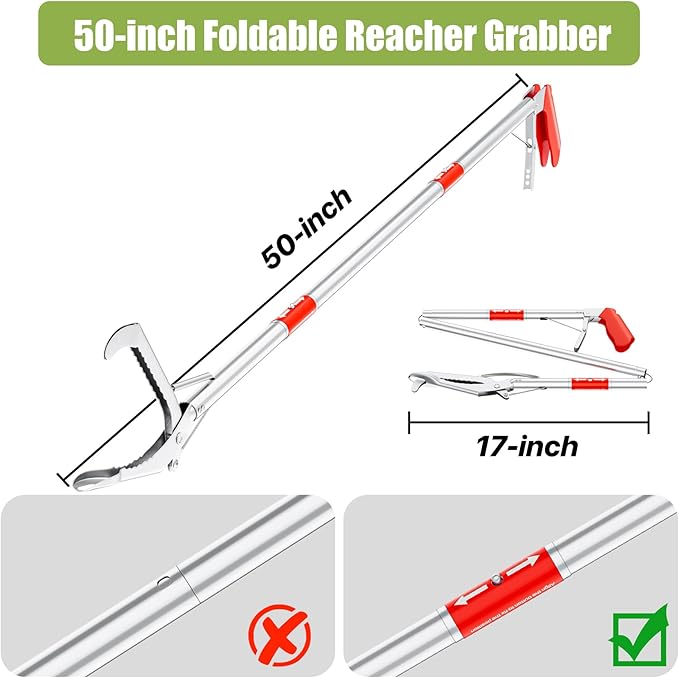 50" Foldable Grabber Reacher Tool, Extra Long 3 Fold Reaching Aid for Seniors, Heavy-Duty Trash Picker Upper & Litter Pickup Tool for Home & Garden