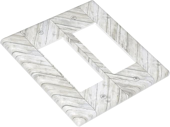 Rustic White Gray Herringbone Wood 2 Gang Rocker Decora Light Switch Cover Decorative Vintage Country Outlet Covers Wall Plate Electrical Faceplate Switchcovers GFCI for Farmhouse Living Room Decor