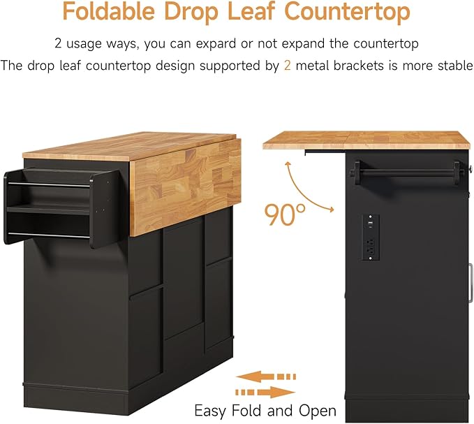 ONBRILL 61" Kitchen Islands with Movable Wood Cutting Board & Trash Storage Cabinets, Rolling Island Cart with Drop Leaf & Power Outlet, Dining Table with Spice & Towel Rack & Knife Holder, Black