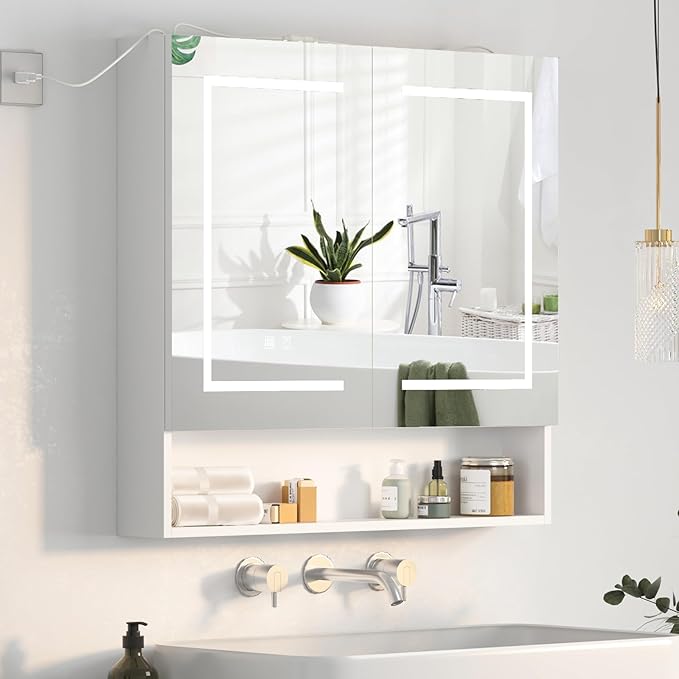 Lighted Medicine Cabinet with 2 Doors,Large Led Medicine Cabinet with Mirror,Anti-Fog, Wall-Mounted Bathroom Mirror with Storage,Brightness Adjustable,31.5" Wx30 H