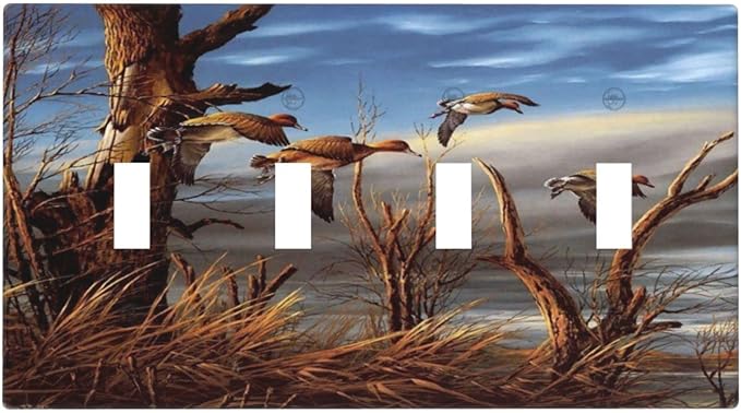 Hunting Flying Wild Ducks Quad Toggle Light Switch Covers Decorative 4 Gang Wall Plate Covers Fall Lakeside Reed Wildlife Animal Mallard 4 Hole Device Electrical Switchplate for Bathroom Decor