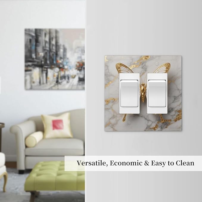 Gold Marble Shine Butterfly Abstract Modern Print Decorative Outlet Covers 2 Gang Double GFCI Rocker Electrical Wall Panels Light Switch Cover Plate for Bed Room Bathroom Decor