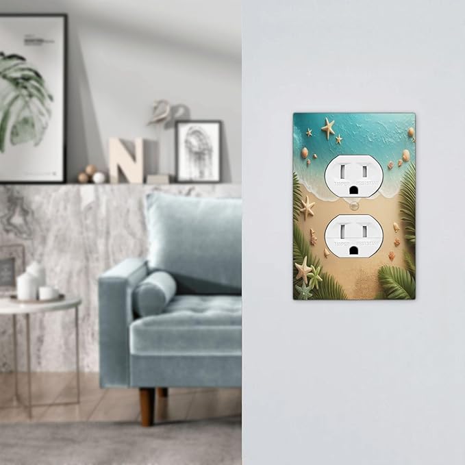 Outlet Covers Summer Beach Themed Starfish Seashells 1 Gang Duplex Wall Plate Decorative Switch Plates Electrical Receptacle Faceplate Light Switch Cover for Bedroom Bathroom Decor