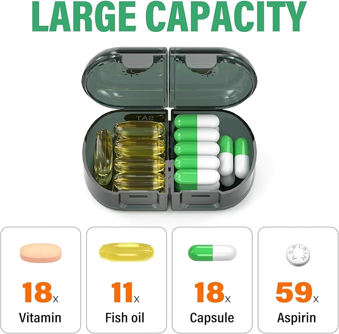 Weekly Pill Organizer 2 Times a Day, Moisture-Proof, Detachable Compartments, AM PM Pill Box 2X 7 Day, Travel Pill Organizer for Pills/Fish Oil/Medication/Vitamin/Supplements (Black)