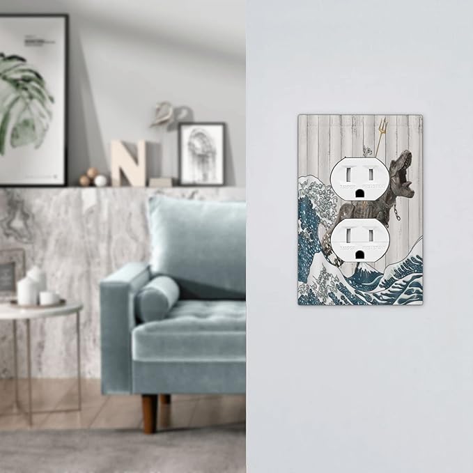 Outlet Covers Funny Cat Cool Cat Dinosaur Japanese Sea Waves Wood 1 Gang Duplex Light Switch Cover Plate Decorative Wall Plate Covers Electrical Receptacle Switchplate for Farm Bathroom Decor