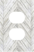 Rustic White Gray Herringbone Wood 1 Gang Outlet Plate Covers Decorative Single Duplex Wall Plate Vintage Country Electrical Faceplate Light Switch Cover Switchplate for Farmhouse Living Room Decor